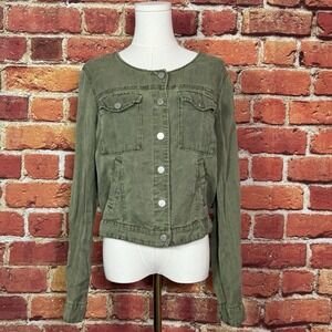 Sanctuary Snap Denim Utility Jacket‎ Womens Size S Army Green Collarless Pockets